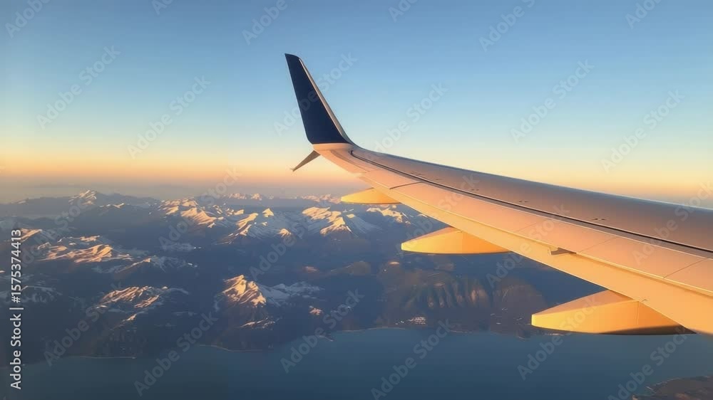 View from an airplane window overlooking snowcapped mountains and water at sunset View from an airplane window overlooking snowcapped mountains and water at sunset