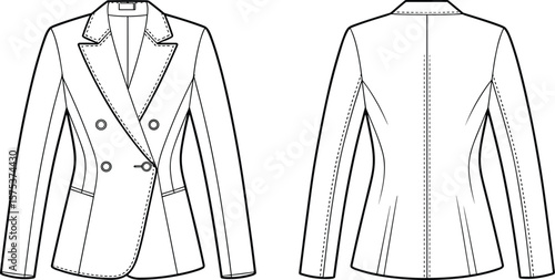 Double breasted tailored blazer vector front and back, fitted women jacket flat sketch, formal coat design, cad fashion illustration