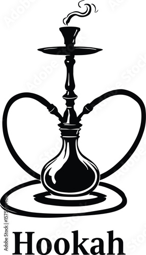 Hookah Line Art Poster Featuring Central Base, Elongated Stem, Curling Smoke and Multiple Flexible Hoses in Minimalist Black Silhouette Style