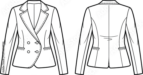 Double breasted blazer vector front and back view, tailored jacket sketch, fashion cad drawing, technical flat, structured outerwear design