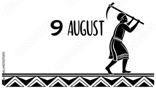 Black and white illustration of a farmer with a scythe on august 9th with tribal border design