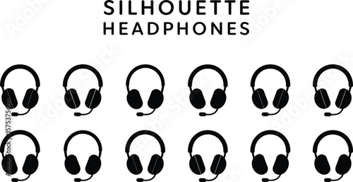 Silhouette Headphones Vector Illustration Featuring Ten Unique Black Headphone Designs Arranged in a 2x5 Grid on White Background Representing Audio Equipment, Music, and Modern Technology
