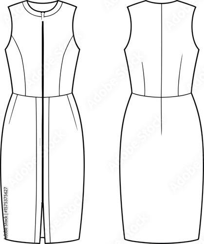 Elegant sleeveless sheath dress with front zipper, bodycon silhouette, technical cad drawing, vector outline, flat fashion illustration template