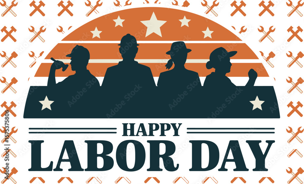 Obraz premium Labor Day Celebration Vector Illustration Featuring Silhouettes of Four Workers in Dynamic Poses Against an Orange Background with White Stars, Stripes, and Tool Patterns Including Wrenches and Hammer