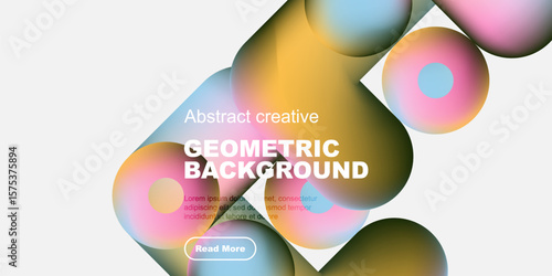 Vibrant geometric shapes overlap, creating abstract background. Text promotes creative design, includes call to action button.