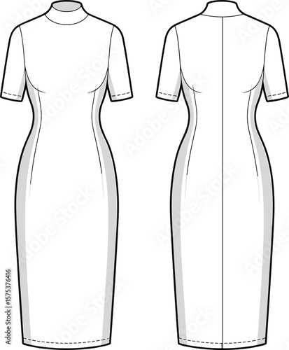 Technical fashion drawing, mock neck midi dress, slim fit style, short sleeves, cad sketch, editable vector, garment flat template