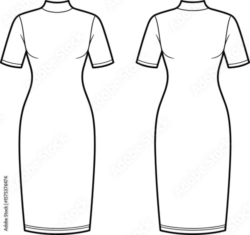 Bodycon midi dress with mock neck, short sleeves, slim fit silhouette, technical fashion sketch, editable vector, cad flat design