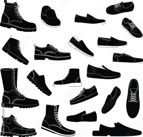 Collection of stylish men's shoes, casual and formal footwear, leather boots, sneakers, loafers, silhouettes, fashion accessories, modern styles