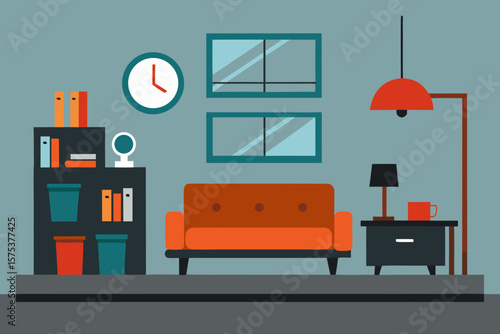 Cozy living room interior with orange sofa bookshelf and floor lamp