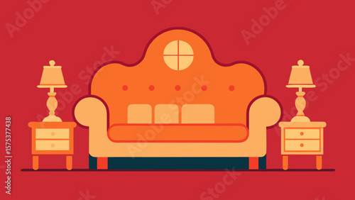 Cozy living room scene with orange couch and lamps on bedside tables