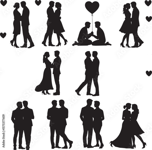 Couples embracing and holding heart balloon love romance