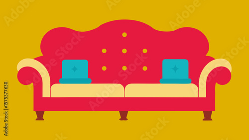 Retro red sofa with blue cushions and golden background flat design