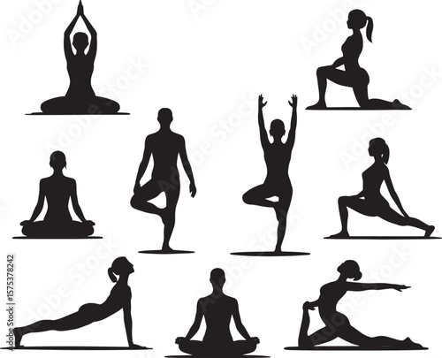 Diverse yoga poses black silhouettes on white background vector