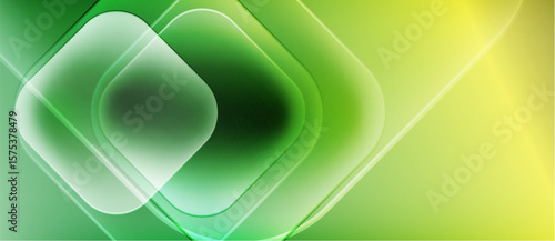 Abstract green background. Overlapping squares create luminous effect. Brightness increases toward right side. Modern design elements present.