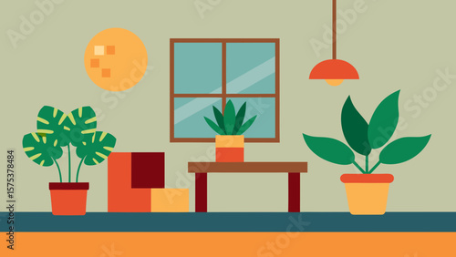 Cozy minimalist interior scene with potted plants and a window