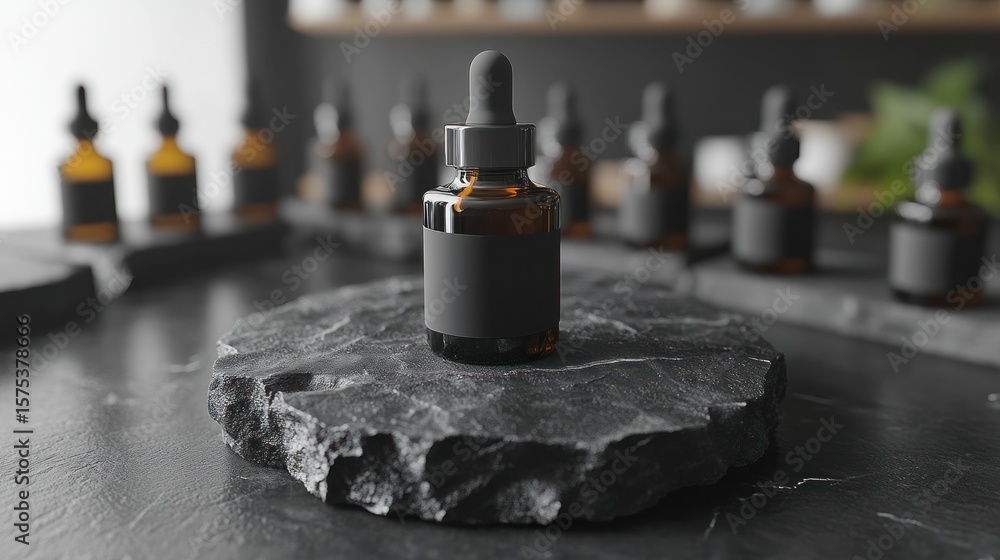 Amber glass dropper bottle on dark stone pedestal Amber glass dropper bottle on dark stone pedestal