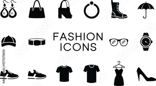 Black and white fashion-themed vector illustration featuring sixteen stylish icons arranged in a grid around the central text “FASHION ICONS,” including earrings, handbag, high heels, ring, boots, 