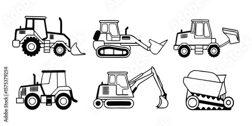 Mega Set of Construction Vehicle Line Icons on Transparent Background