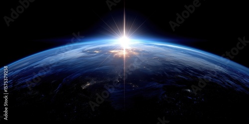 Fototapeta Naklejka Na Ścianę i Meble -  A breathtaking view of Earth from space illuminated by glowing blue light with sunrise at the center against a vast black cosmic background symbolizing global connectivity and technology