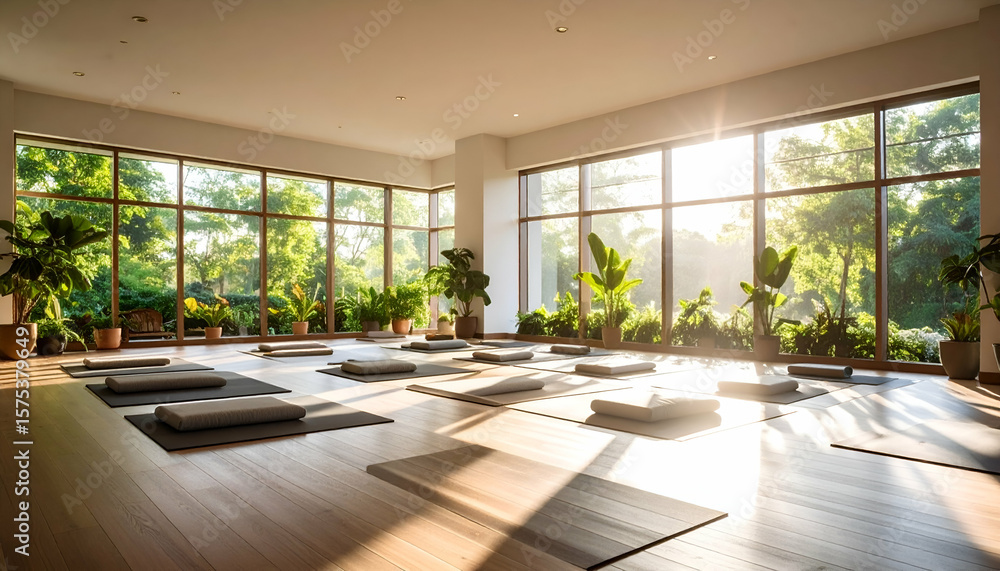 Fototapeta premium Sunlit Yoga Studio with Green View.