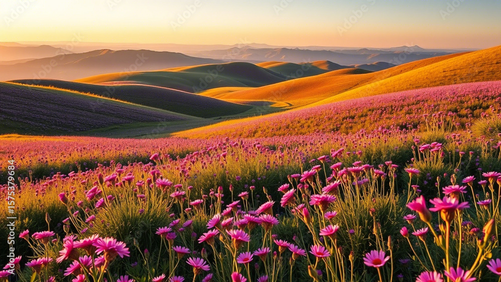 Obraz premium Vibrant Sunset Over Rolling Hills and Wildflower Meadow