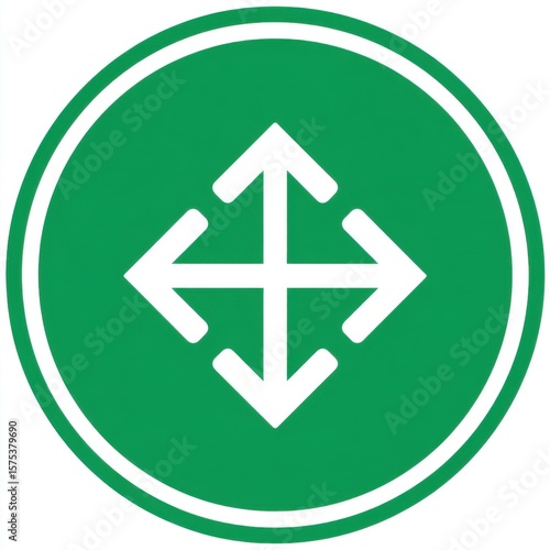 Circular green sign with white border featuring a diamond-like formation of four directional arrows pointing up, down, left, and right, symbolizing multi-directional movement. Free Download Circular green sign with white border featuring a diamond-like formation of four directional arrows pointing up, down, left, and right, symbolizing multi-directional movement. - GFXLoad