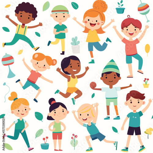 Children playing and having fun outdoors.  Diverse group of kids engaging in various playful activities