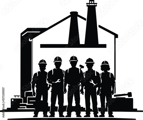 Silhouette vector illustration featuring five construction workers wearing hard hats and holding tools such as wrenches and hammers, standing in front of an industrial building with chimneys 