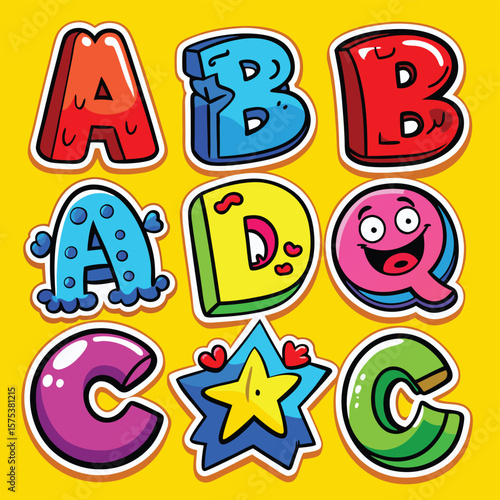 Colorful, cartoonish uppercase letters A, B, C, D, and Q