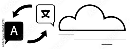 Two speech bubbles with arrows indicate language translation, paired with a cloud icon. Ideal for global communication, AI, machine learning, cloud computing, networking, digital tools, simple flat