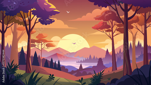 Sunset Landscape. Serene Mountain View with Forest and Lake