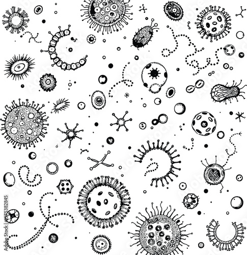 Microorganisms Vector Illustration Featuring Diverse Stylized Bacteria, Viruses, and Microscopic Entities in Varied Shapes and Structures for Educational, Scientific, and Medical-Themed Concepts