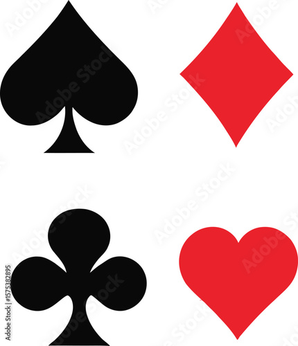 Playing Card Suits Vector Illustration Featuring Black Spade, Red Diamond, Black Club, and Red Heart Symbols Arranged in Grid Format for Gaming, Entertainment, and Decorative-Themed Concepts