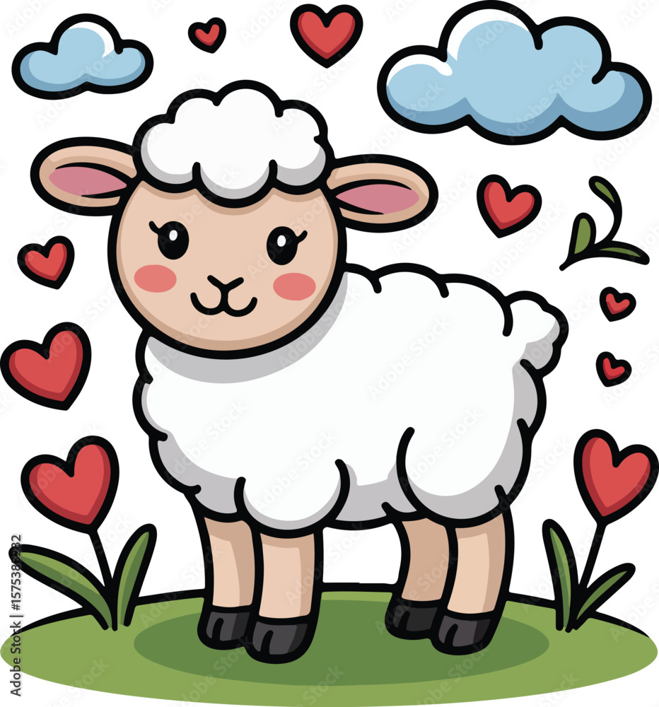 Obraz premium Cute cartoon sheep in a field with heart shape and cloud