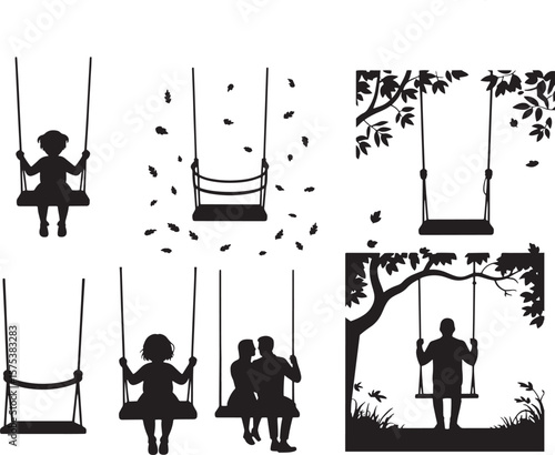 Silhouettes of people on swings in nature child couple
