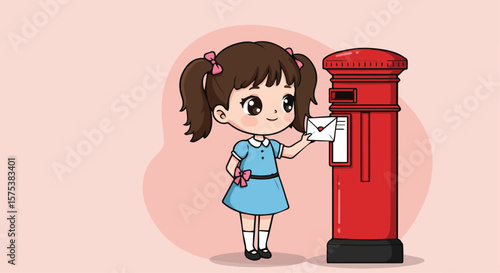 Little Girl Posting a Letter into a Red Mailbox