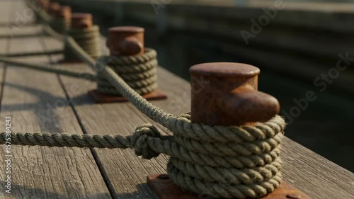 Mooring ropes secured to rusty bollards create textural details on weathered dock planks, highlighting maritime strength. Close-up mooring ropes display textures, embodying maritime tradition,