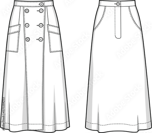 Front buttoned A-line midi skirt with pockets, rear view waistband detail, cad fashion flat sketch, vector apparel illustration