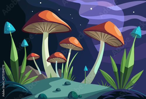 Enchanted Forest at Night. Luminous Mushrooms and Magical Plants