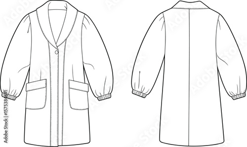 Shawl collar single button coat, ribbed sleeve cuff, front patch pockets, fashion flat sketch, outerwear cad vector illustration drawing