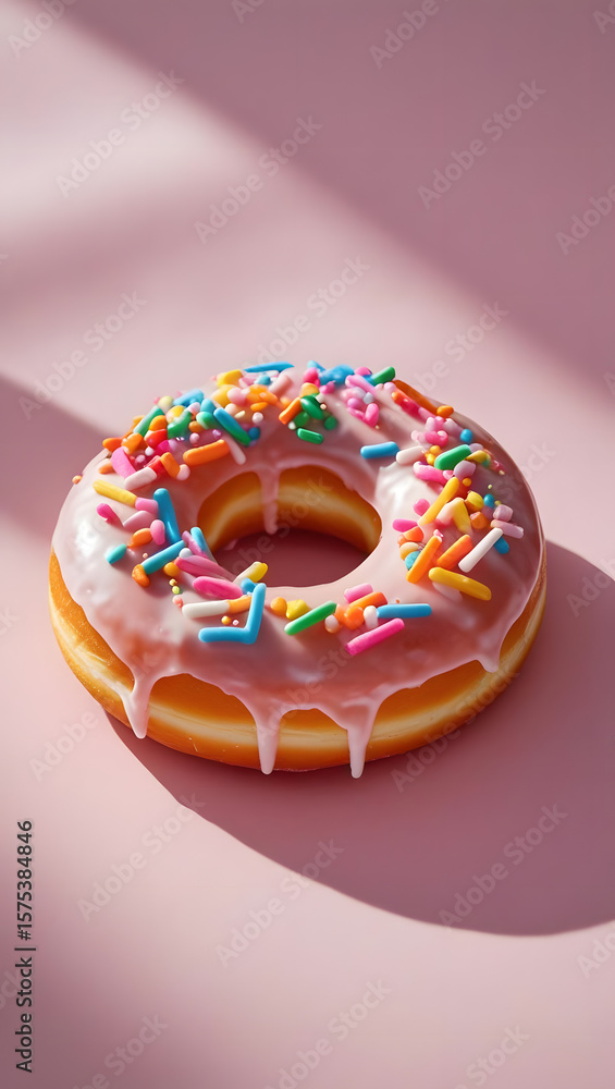 A dripping donut with colorful sprinkles sits on a pink surface A dripping donut with colorful sprinkles sits on a pink surface