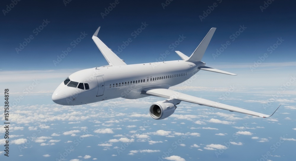 Obraz premium A sleek white passenger jet soars above a sea of fluffy clouds