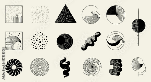 Graphic design elements exhibit geometric shapes and abstract minimalist vector forms ideal for backgrounds or decorative accents.