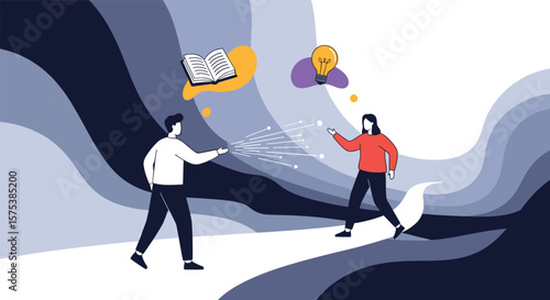 Two individuals engaged in a creative exchange of ideas through wands