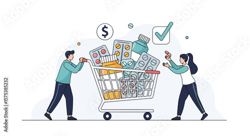 People pushing a shopping cart filled with various medications and health products a symbol of healthcare accessibility and consumer choice