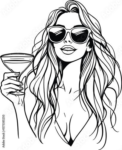 Elegant Line Art Silhouette of Stylish Woman Holding Cocktail Glass with Long Wavy Hair and Low-Cut Top in Black and White Minimalist Vector Illustration for Fashion, Lifestyle,