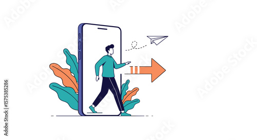 Digital transformation journey of a person moving forward from mobile phone screen to new opportunities