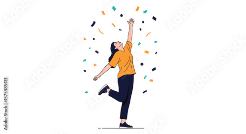 Woman reaching upward celebrating with confetti falling around her in a joyful expression of triumph