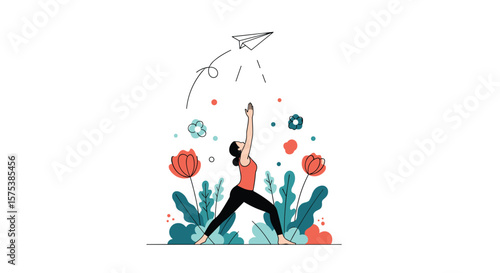 Woman practicing yoga in a nature setting with flying bird above