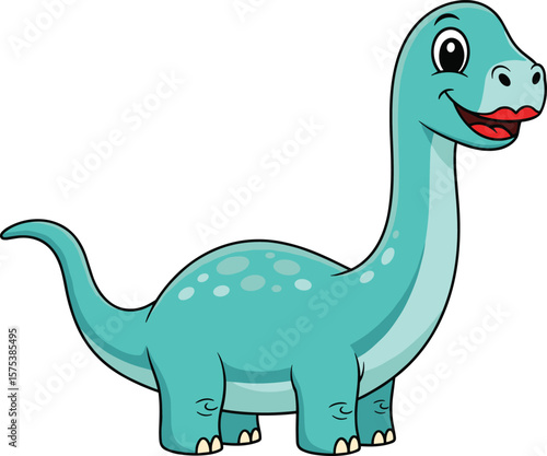 Cute cartoon dinosaur illustration, smiling blue brontosaurus vector, friendly prehistoric animal drawing, educational kids dinosaur clipart, fun dino design